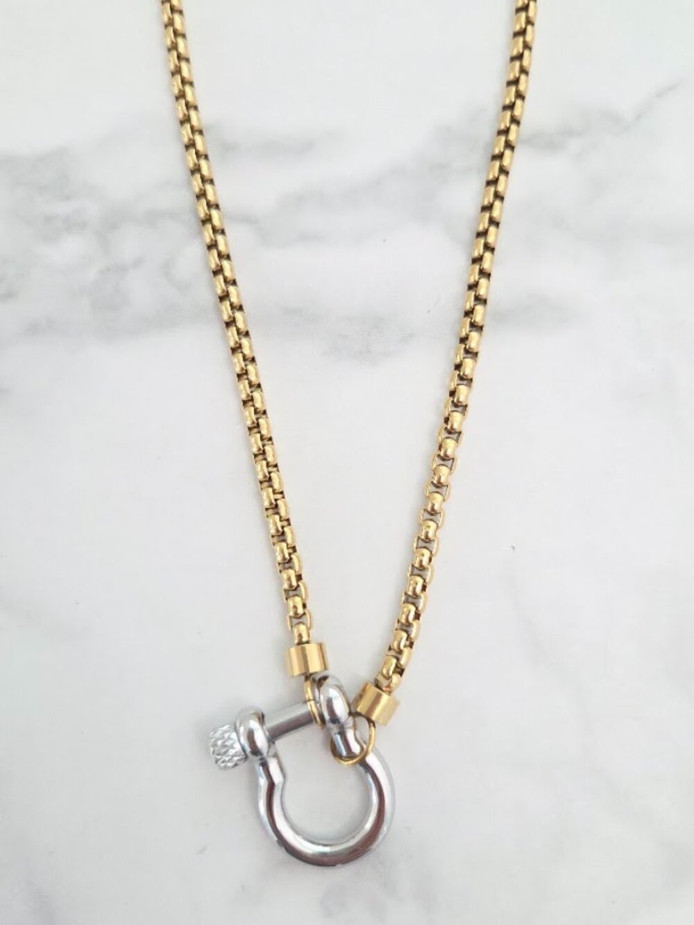 Stainless Steel Two Tone Horseshoe Shackle Clasp Box Chain Pendant Necklace - Picture 3 of 14